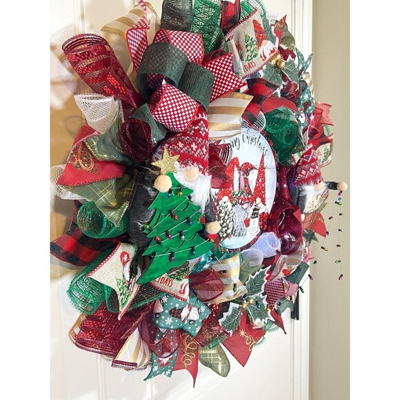 Handmade Christmas Tree Gnome Holiday Ribbon Door Wreath 22 ins W71 - Picture 3 of 11
